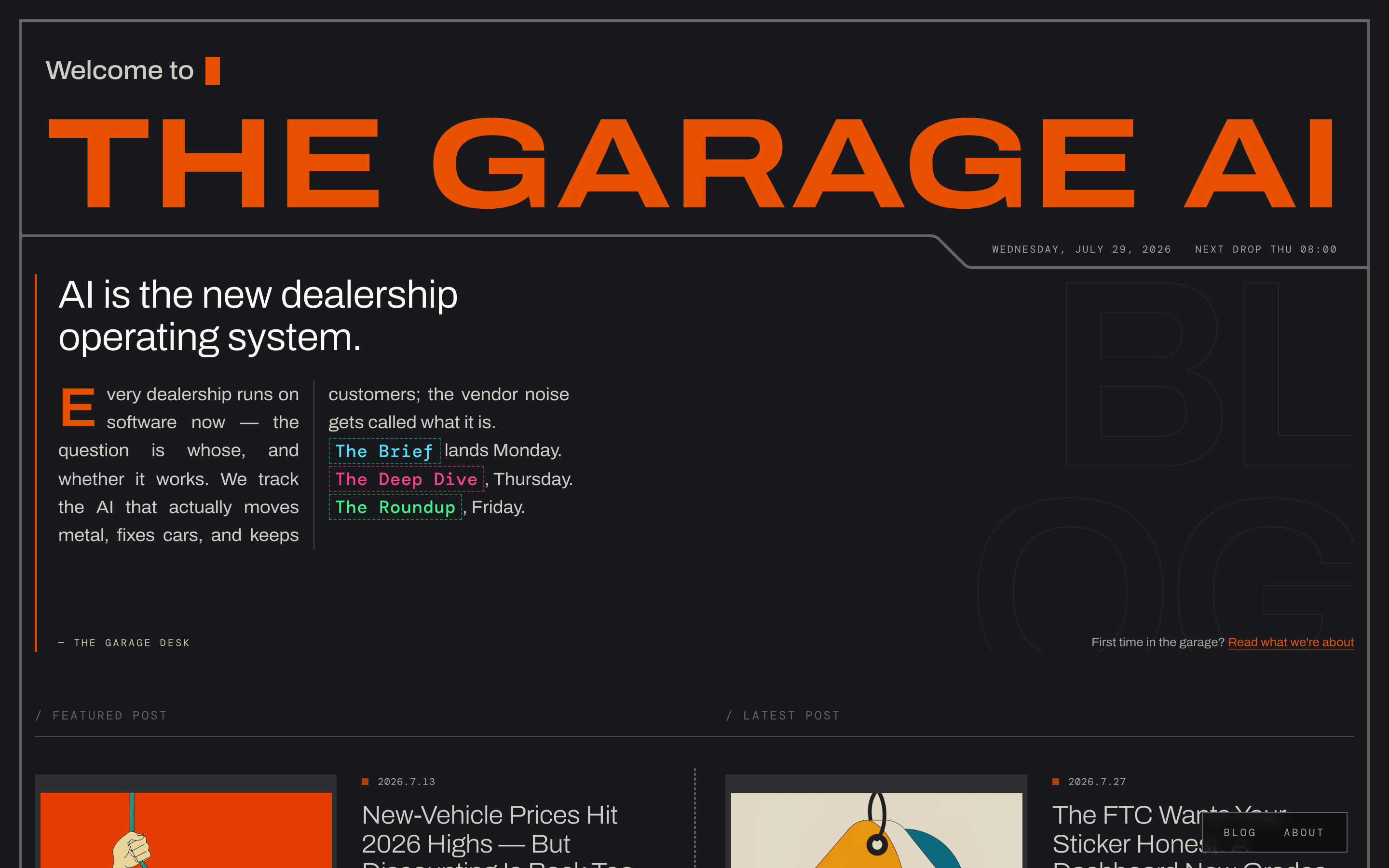 The Garage AI homepage header with orange wordmark and editor's note