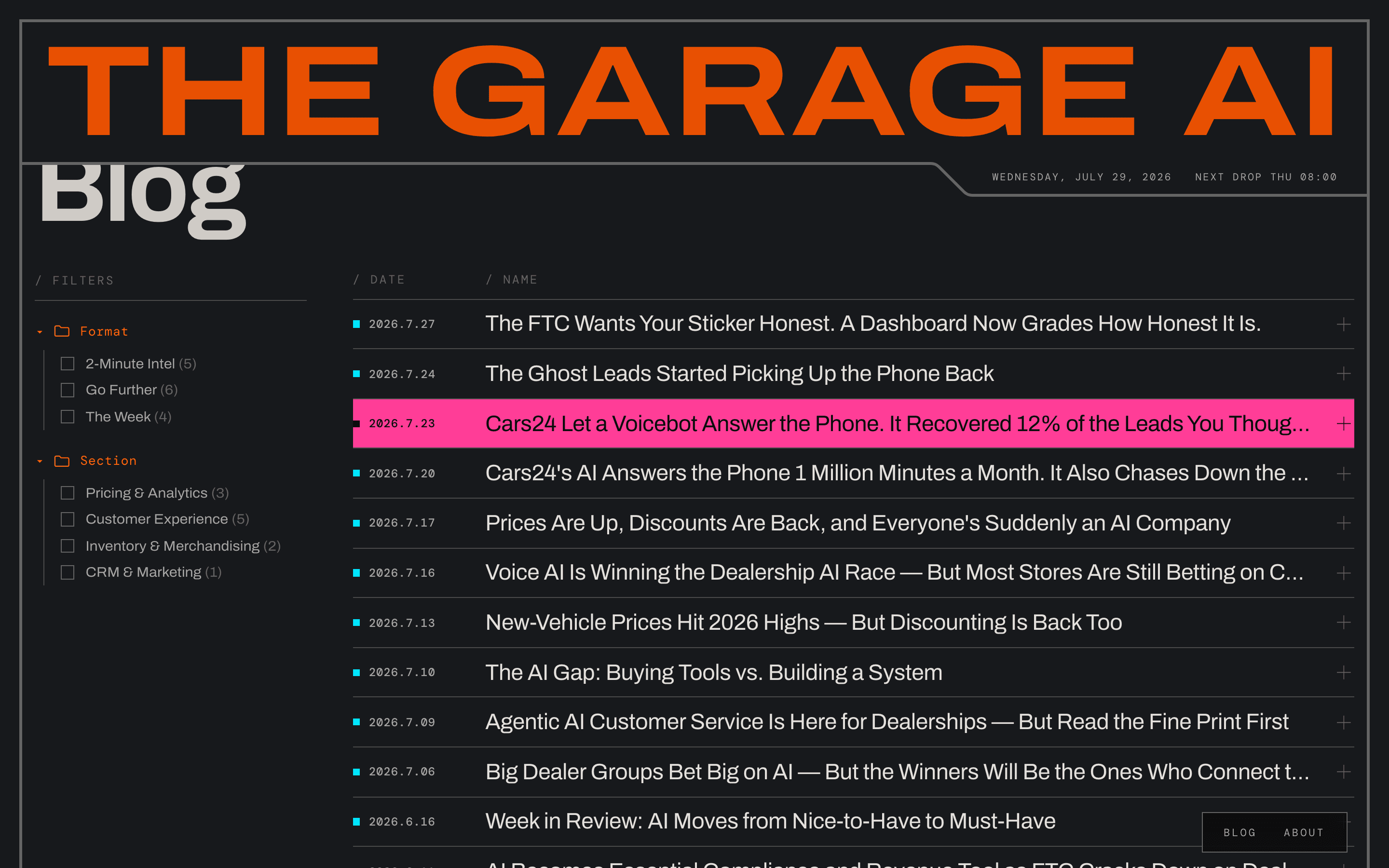 News index rows with date, title, and filters by format and section